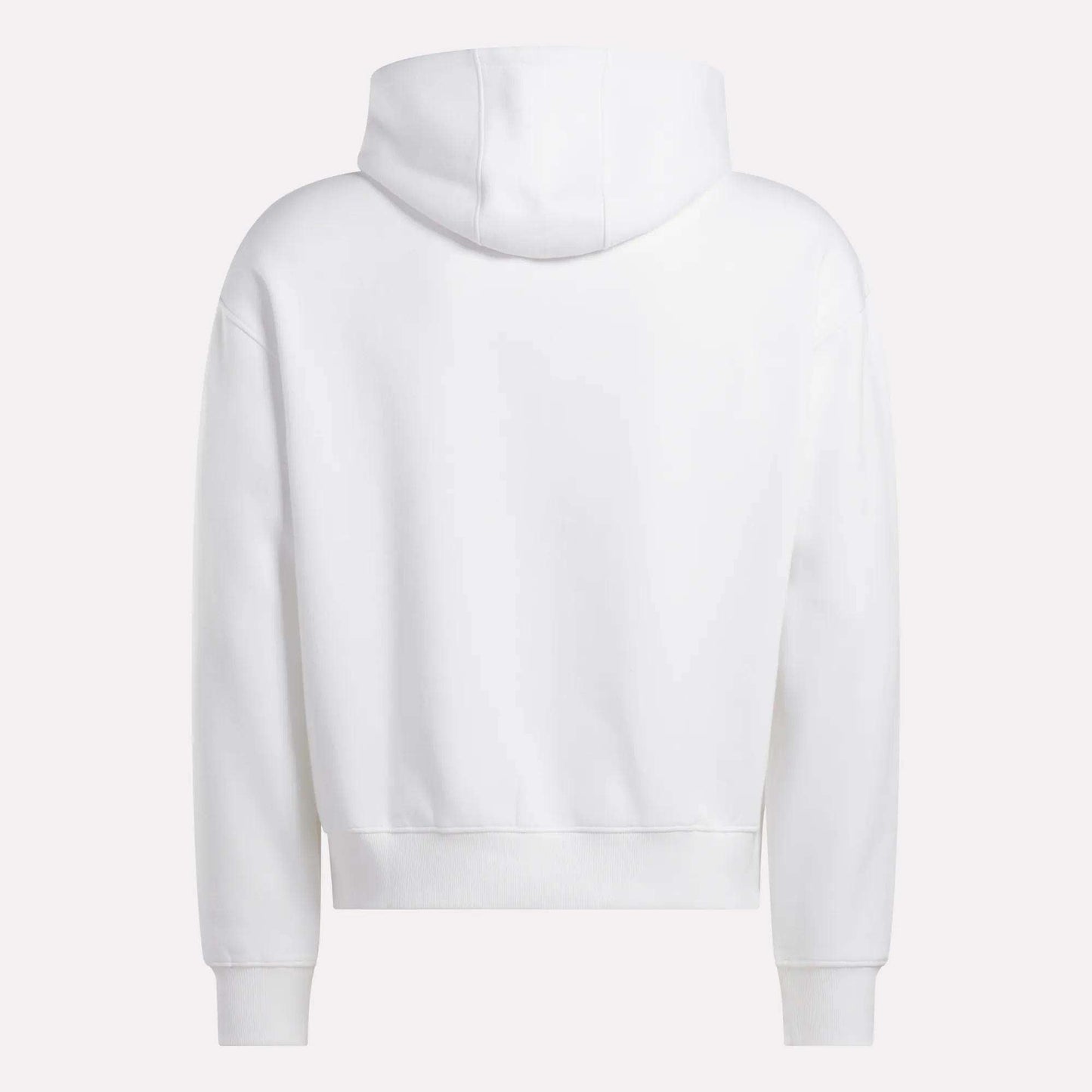 A Men's Hoodie by Reebok is shown from the back against a light background, highlighting its plain white design with long sleeves, hood, and ribbed cuffs and hem.