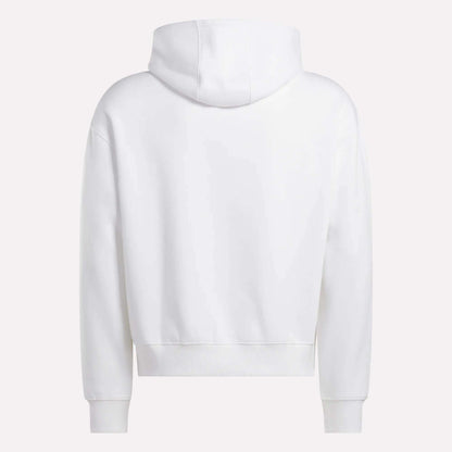 A Men's Hoodie by Reebok is shown from the back against a light background, highlighting its plain white design with long sleeves, hood, and ribbed cuffs and hem.