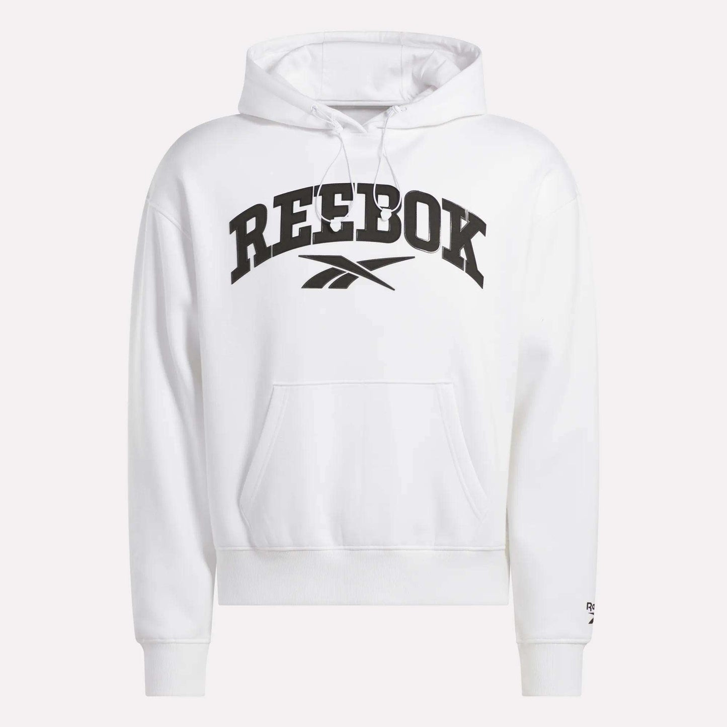 The Reebok Men's Hoodie is a soft white hoodie for men, featuring a large black Reebok logo and text on the chest, a front pocket, and hood drawstrings for comfort and style.