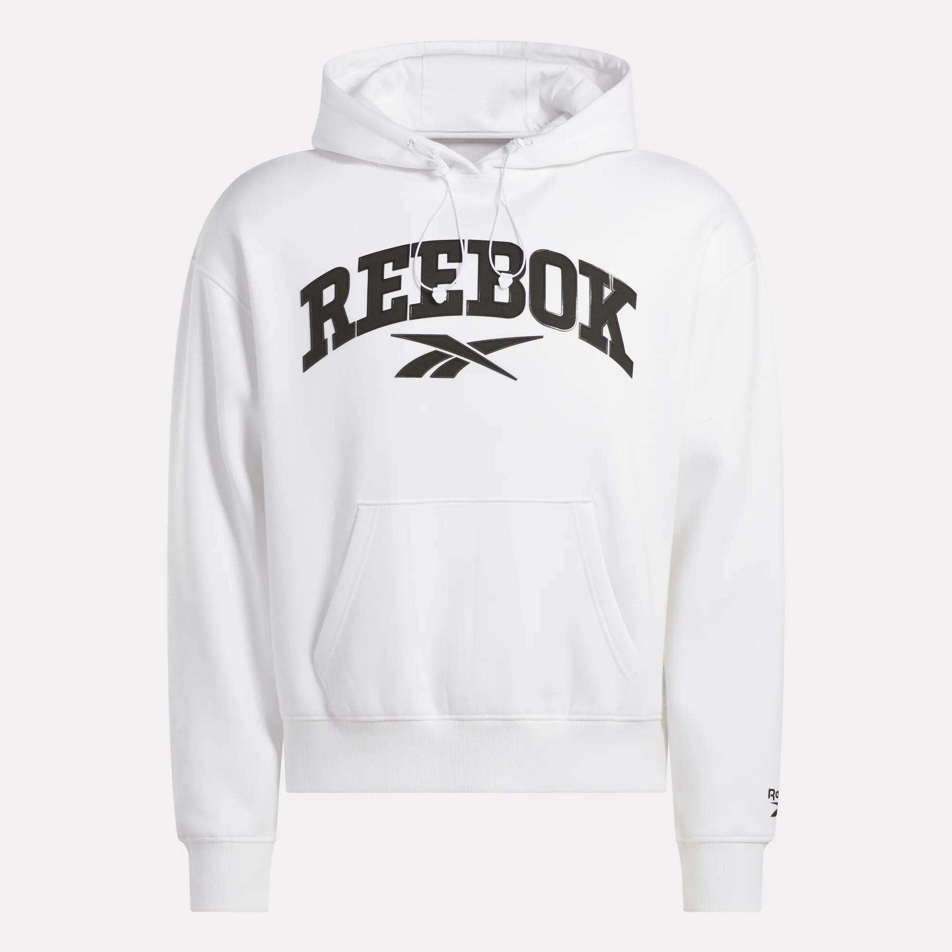 The Reebok Men's Hoodie is a soft white hoodie for men, featuring a large black Reebok logo and text on the chest, a front pocket, and hood drawstrings for comfort and style.