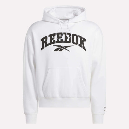 The Reebok Men's Hoodie is a soft white hoodie for men, featuring a large black Reebok logo and text on the chest, a front pocket, and hood drawstrings for comfort and style.