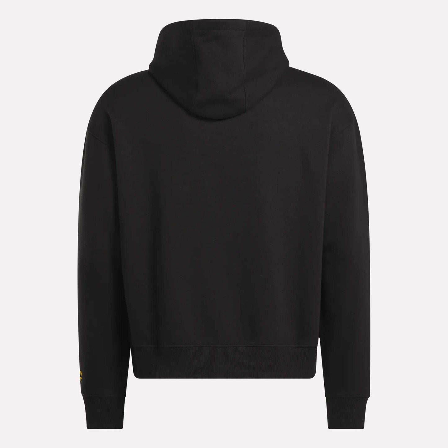 A plain black Reebok Men's Hoodie shown from the back, featuring a hood and long sleeves. This soft hoodie has no visible designs or logos, offering a classic and comfortable style.