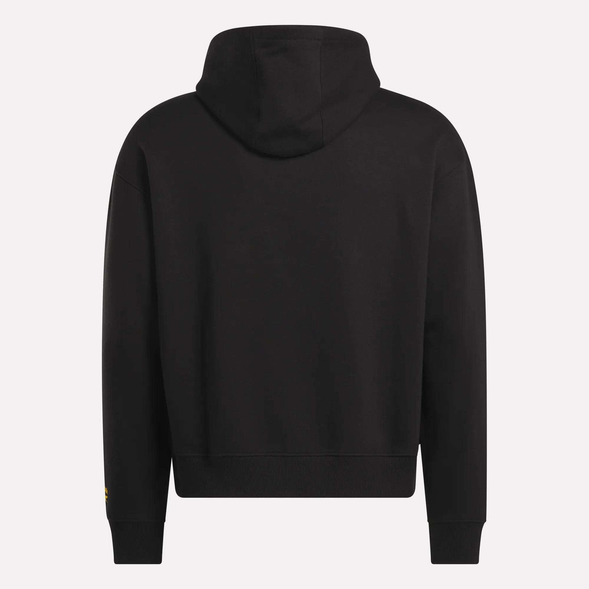 A plain black Reebok Men's Hoodie shown from the back, featuring a hood and long sleeves. This soft hoodie has no visible designs or logos, offering a classic and comfortable style.