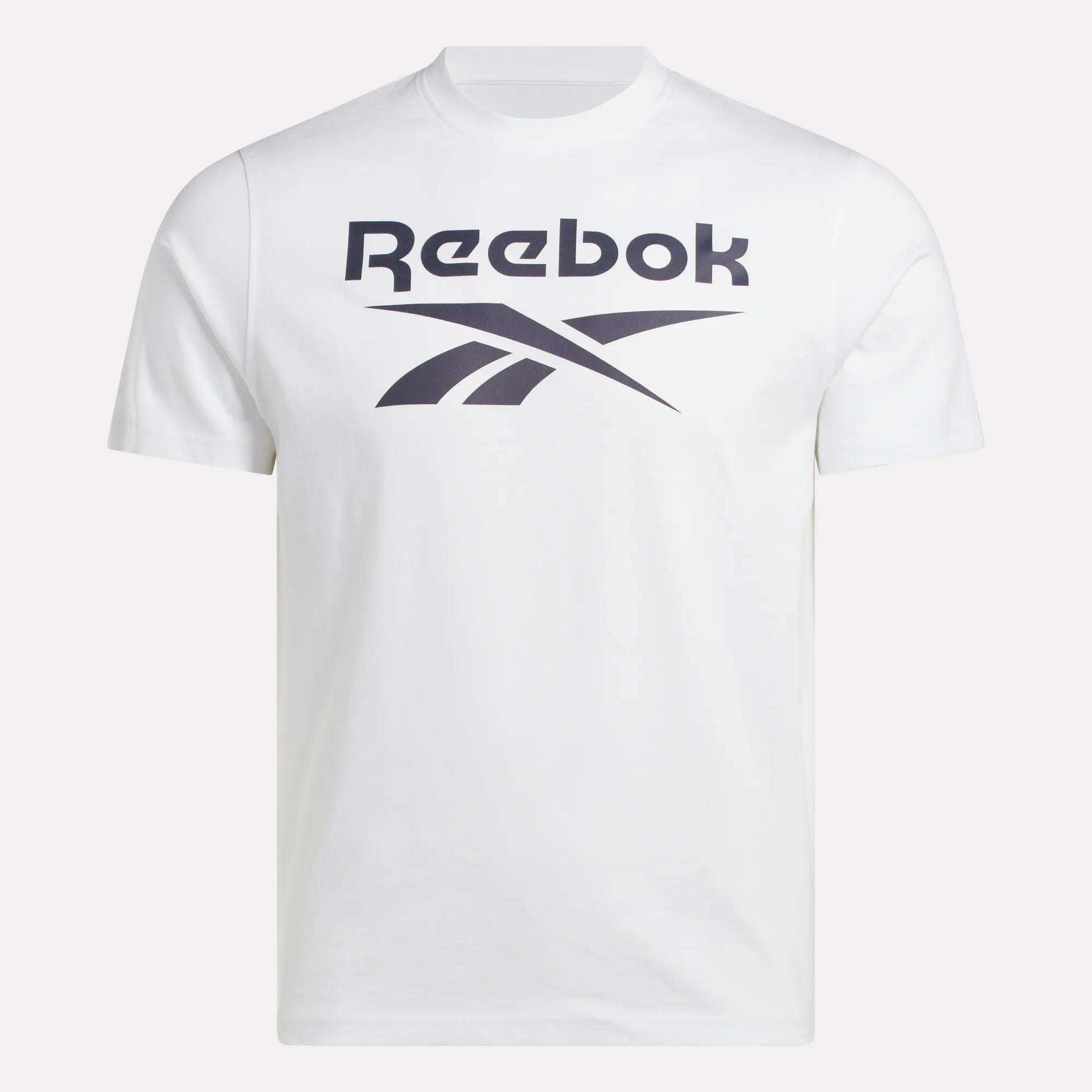 The Men's Big Logo Crewneck Short Sleeve Tee by Reebok features a bold black Reebok logo and brand name across the chest.