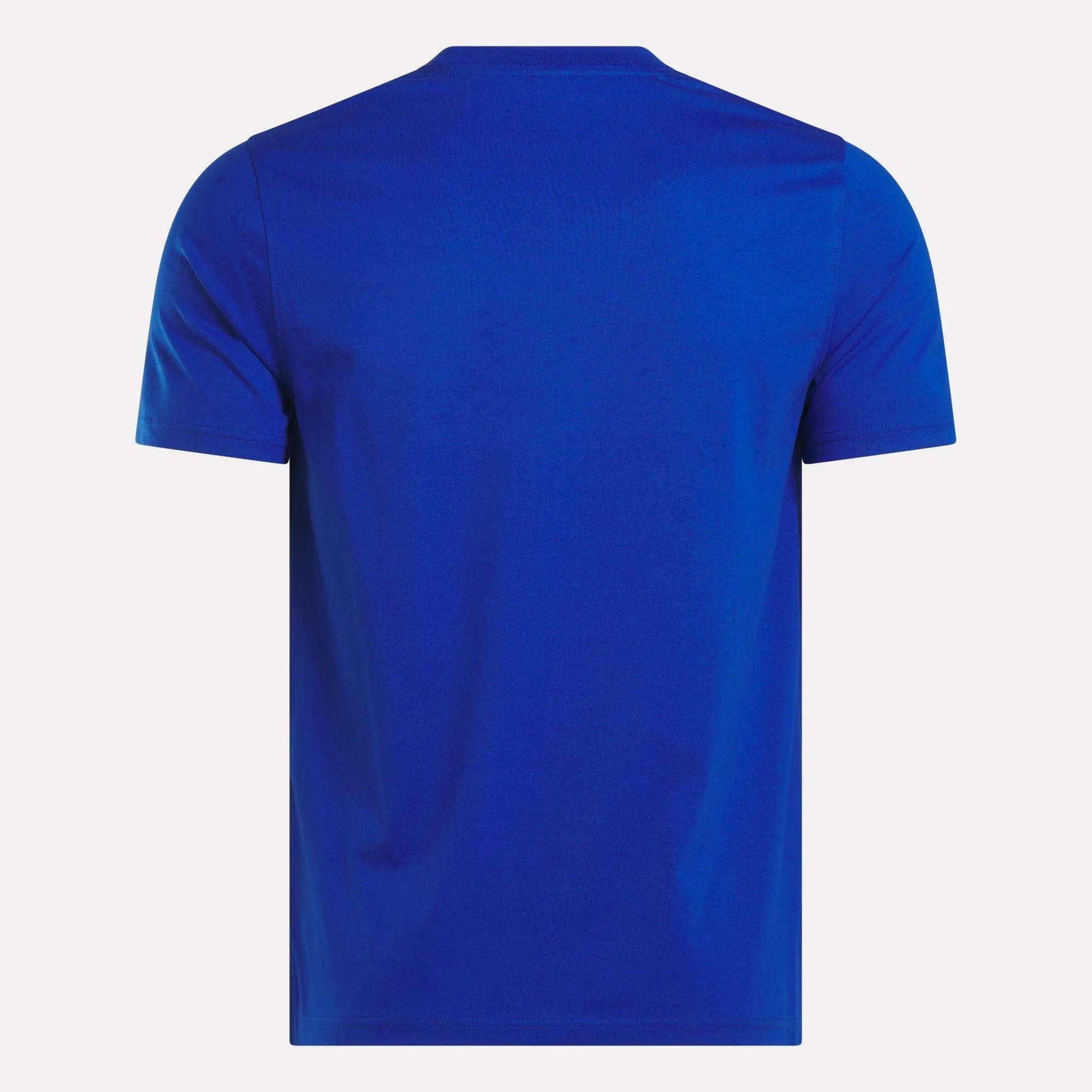 A Reebok Men's Small Logo Crewneck Short Sleeve T-Shirt in royal blue cotton jersey, displayed from the back against a white background.