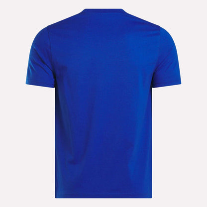 A Reebok Men's Small Logo Crewneck Short Sleeve T-Shirt in royal blue cotton jersey, displayed from the back against a white background.