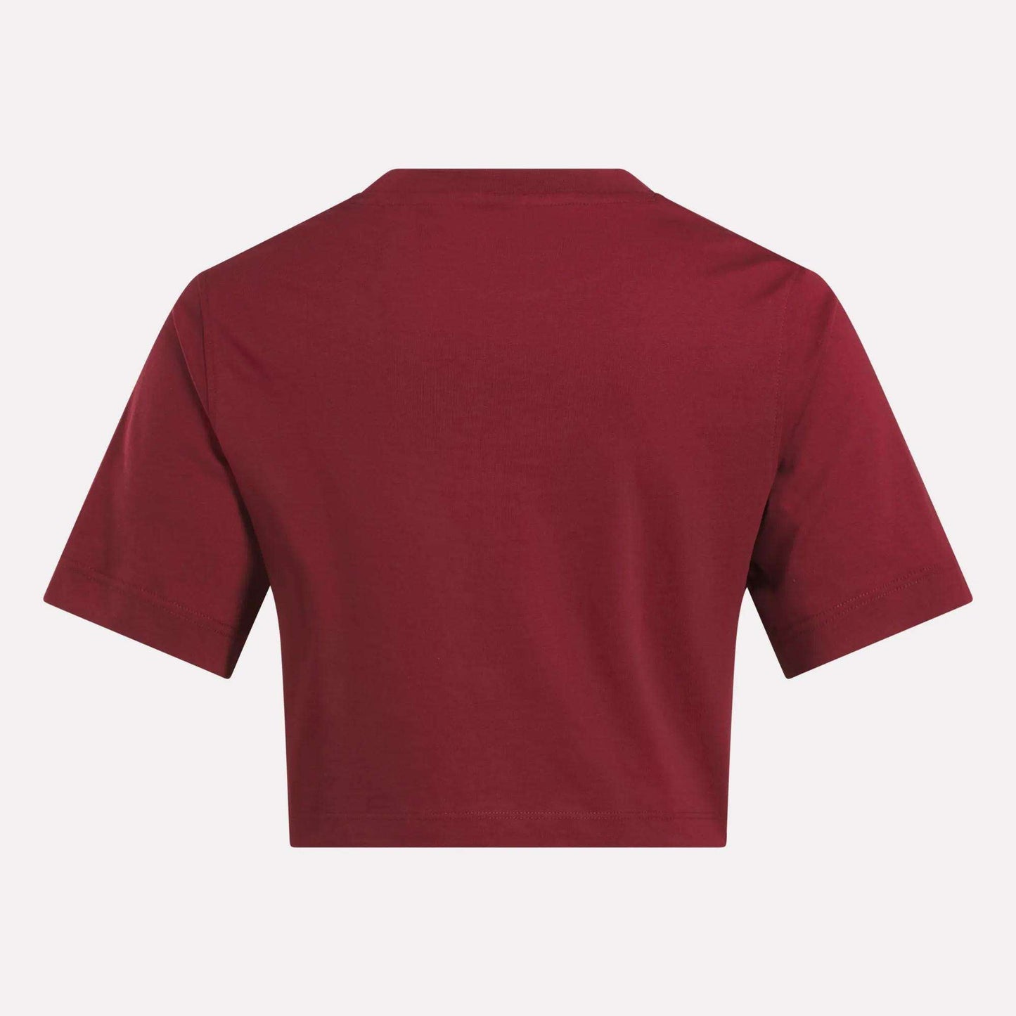 A Reebok Women's Two-Color Logo Crew Cropped Short Sleeve Tee is shown from the back against a white background.