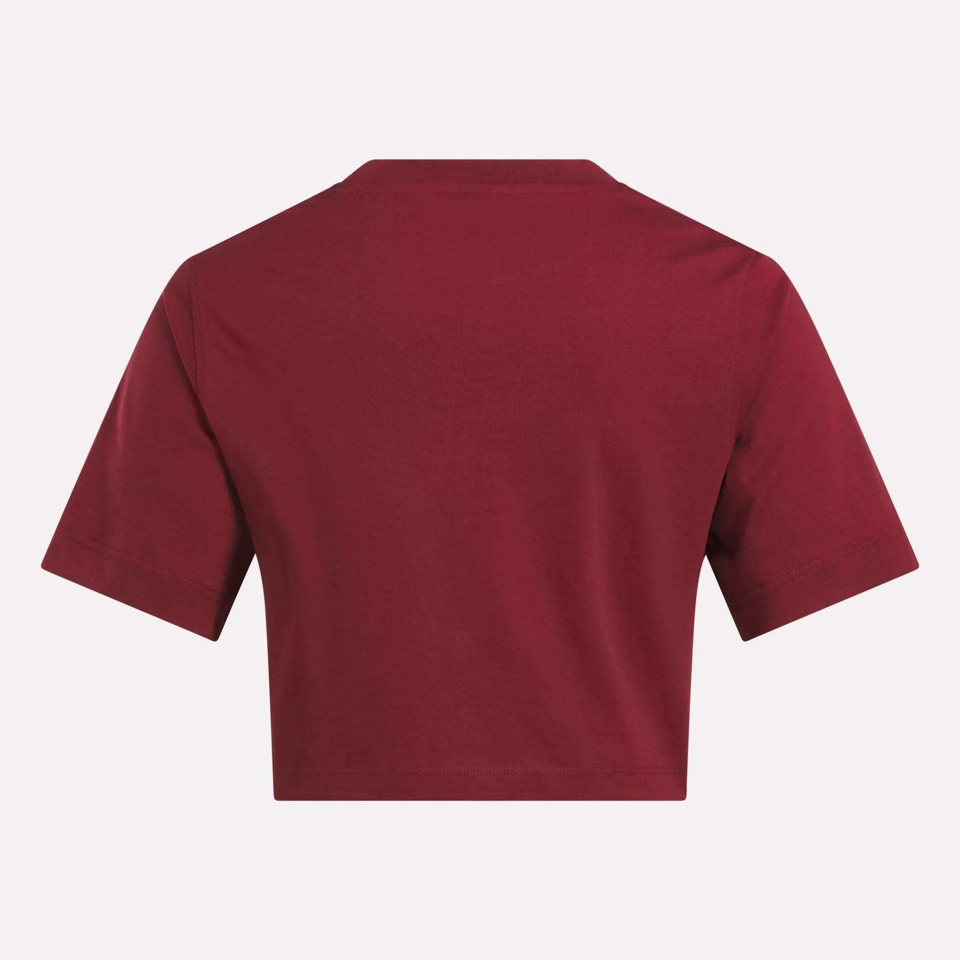 A Reebok Women's Two-Color Logo Crew Cropped Short Sleeve Tee is shown from the back against a white background.
