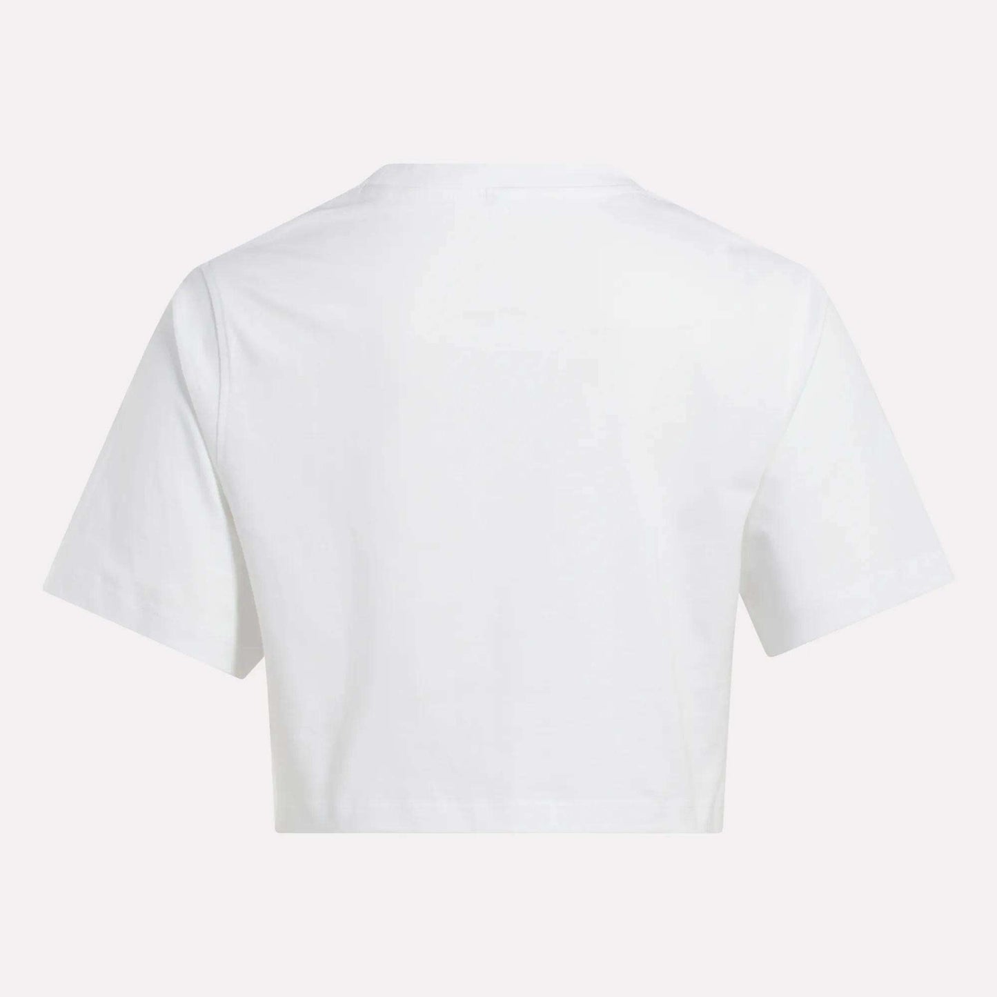 A Reebok Women's Two-Color Logo Crew Cropped Short Sleeve Tee is shown from the back against a white background.