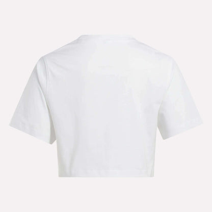 A Reebok Women's Two-Color Logo Crew Cropped Short Sleeve Tee is shown from the back against a white background.