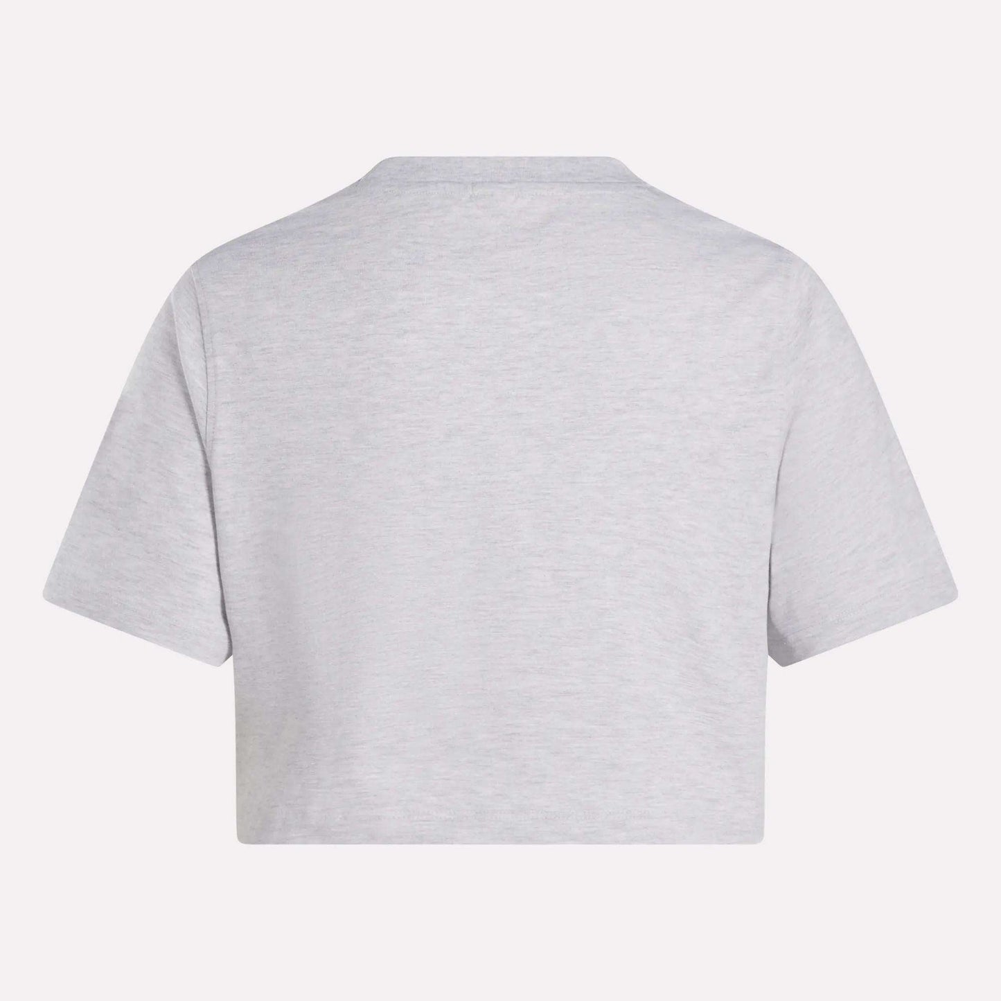 The Reebok Women's Two-Color Logo Crew Cropped Short Sleeve Tee is shown from the back in plain light gray against a white background.