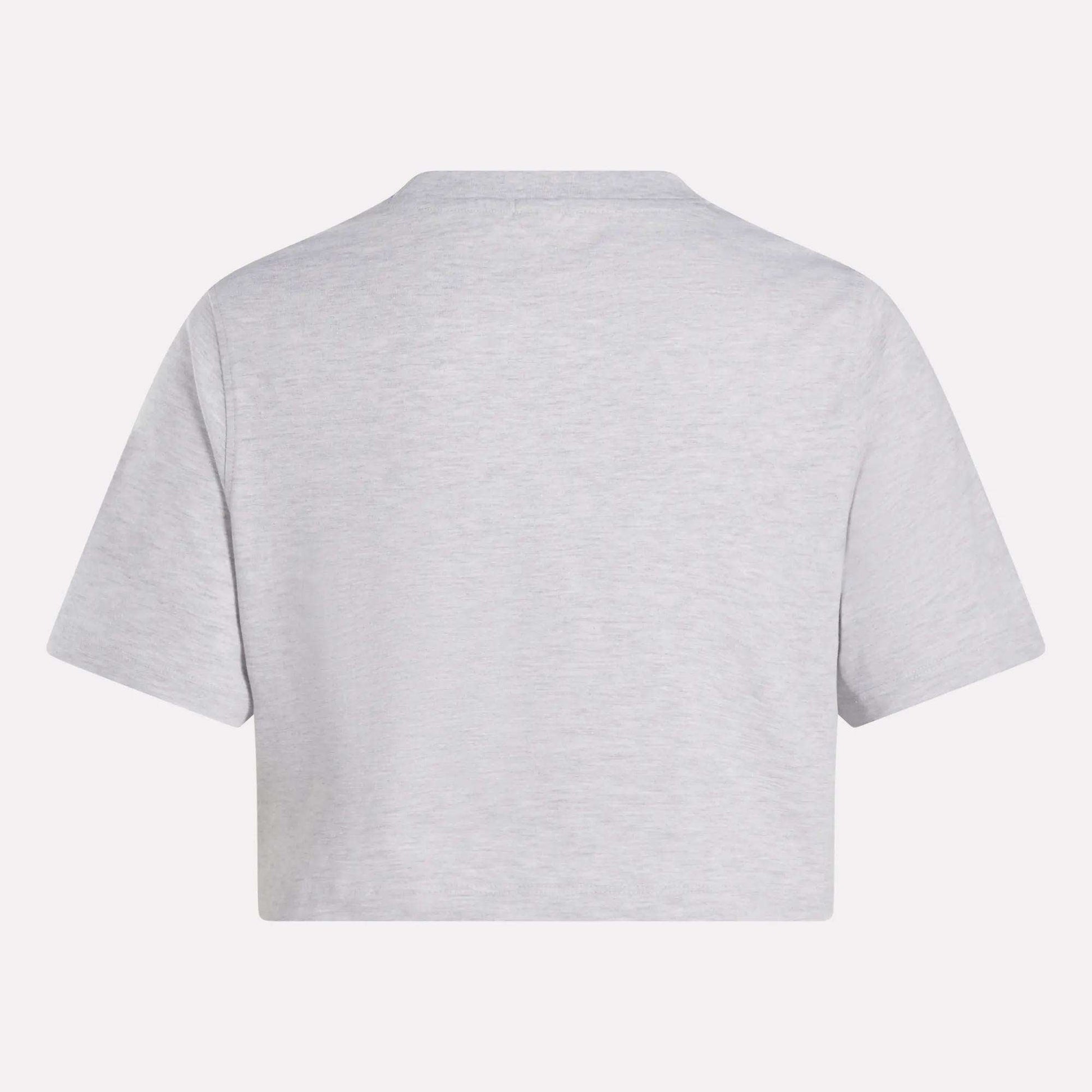 The Reebok Women's Two-Color Logo Crew Cropped Short Sleeve Tee is shown from the back in plain light gray against a white background.