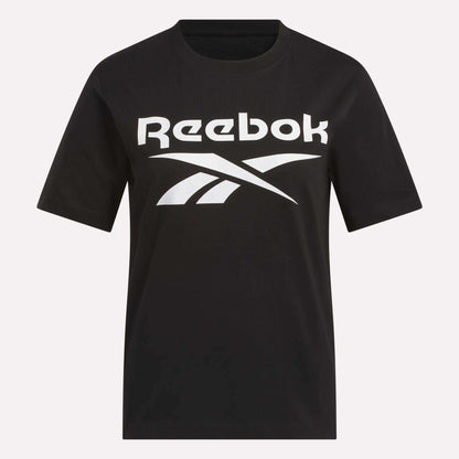 The Reebok Women's Big Logo Crewneck Short Sleeve Tee is a black cotton jersey featuring a bold white Vector logo and text on the chest.