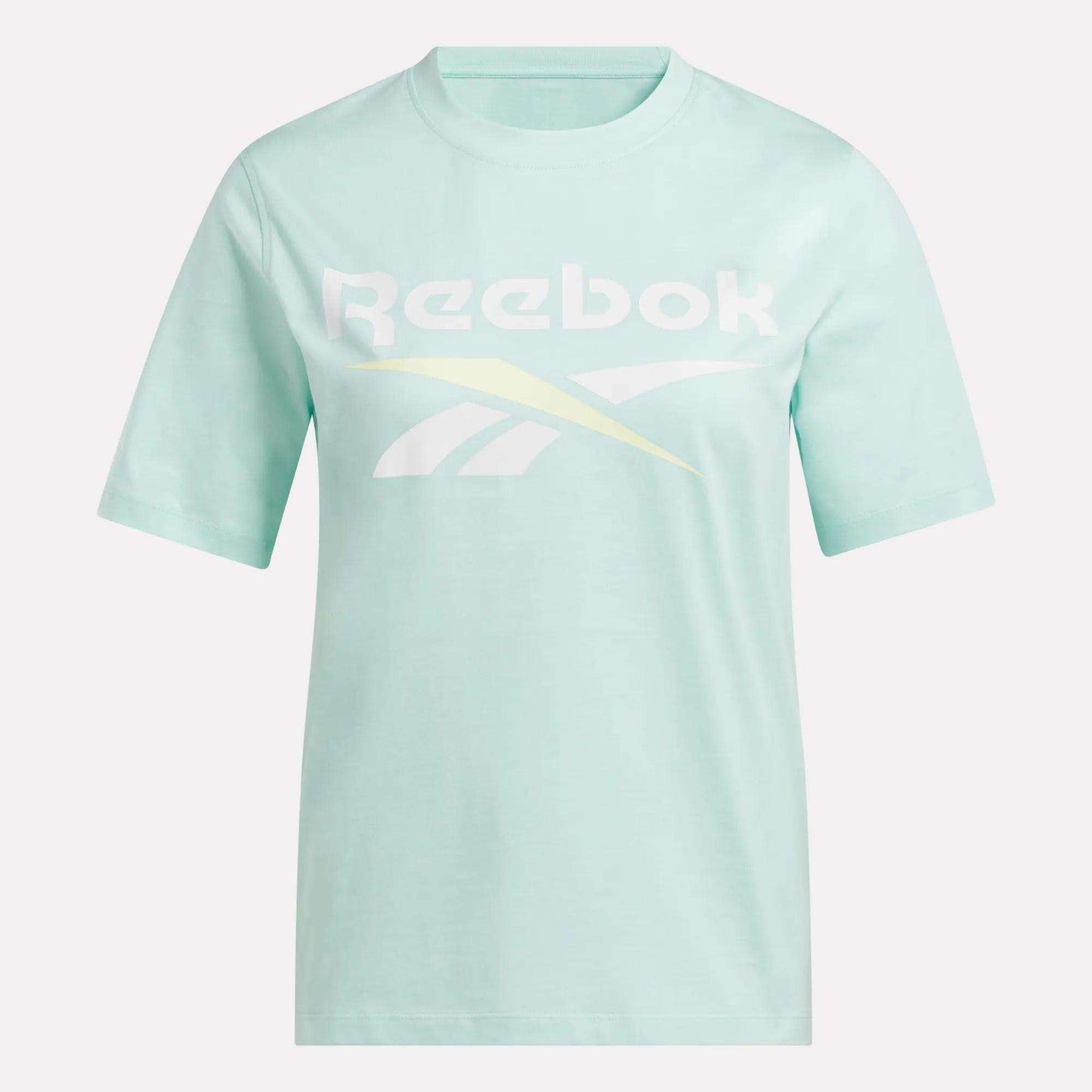 The Reebok Women's Two-Color Logo Crew Short Sleeve Tee features a light blue crewneck design with short sleeves and a white and yellow Reebok logo on the chest, shown against a plain white background.