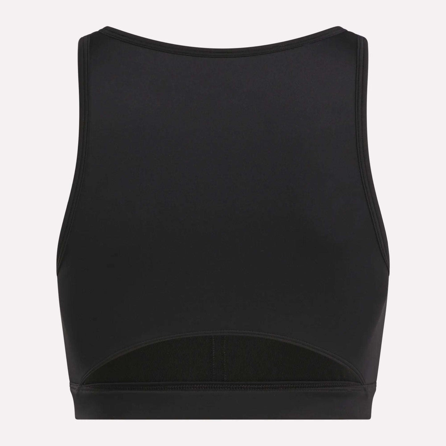 The Reebok Women's Core High-Impact Bra is a black, sleeveless crop top with a high neckline, sweat-wicking fabric, and a back cutout near the lower hem—ideal for intense workouts.
