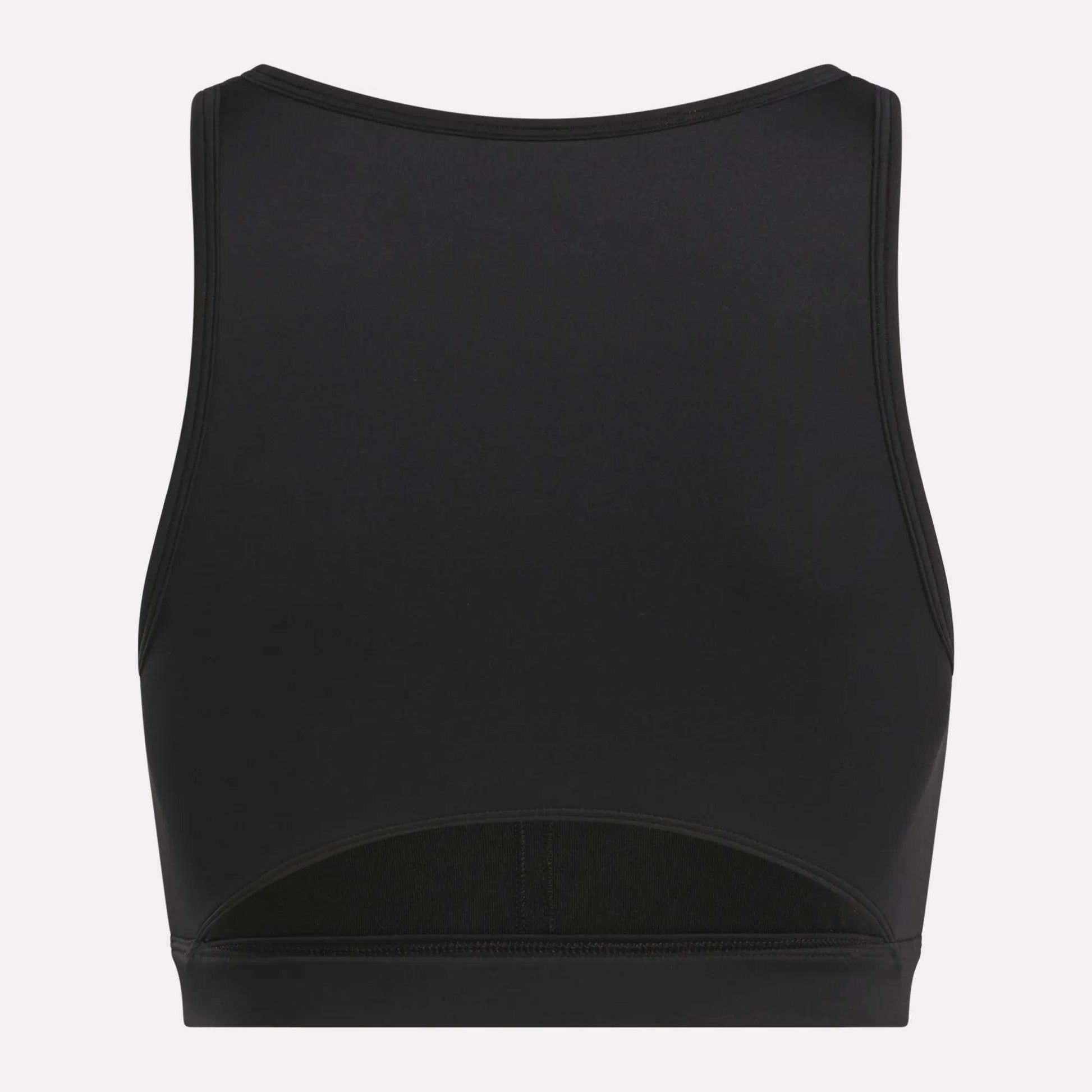 The Reebok Women's Core High-Impact Bra is a black, sleeveless crop top with a high neckline, sweat-wicking fabric, and a back cutout near the lower hem—ideal for intense workouts.