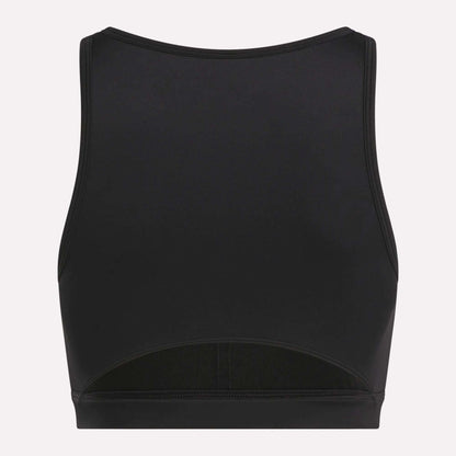 The Reebok Women's Core High-Impact Bra is a black, sleeveless crop top with a high neckline, sweat-wicking fabric, and a back cutout near the lower hem—ideal for intense workouts.