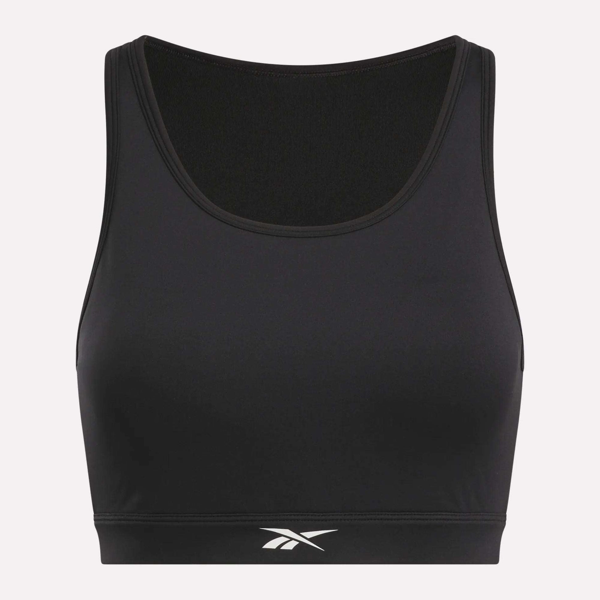 The Women's Core High-Impact Bra by Reebok is black with a scoop neckline, white logo centered on the lower band, and made from sweat-wicking fabric, shown against a plain light background.