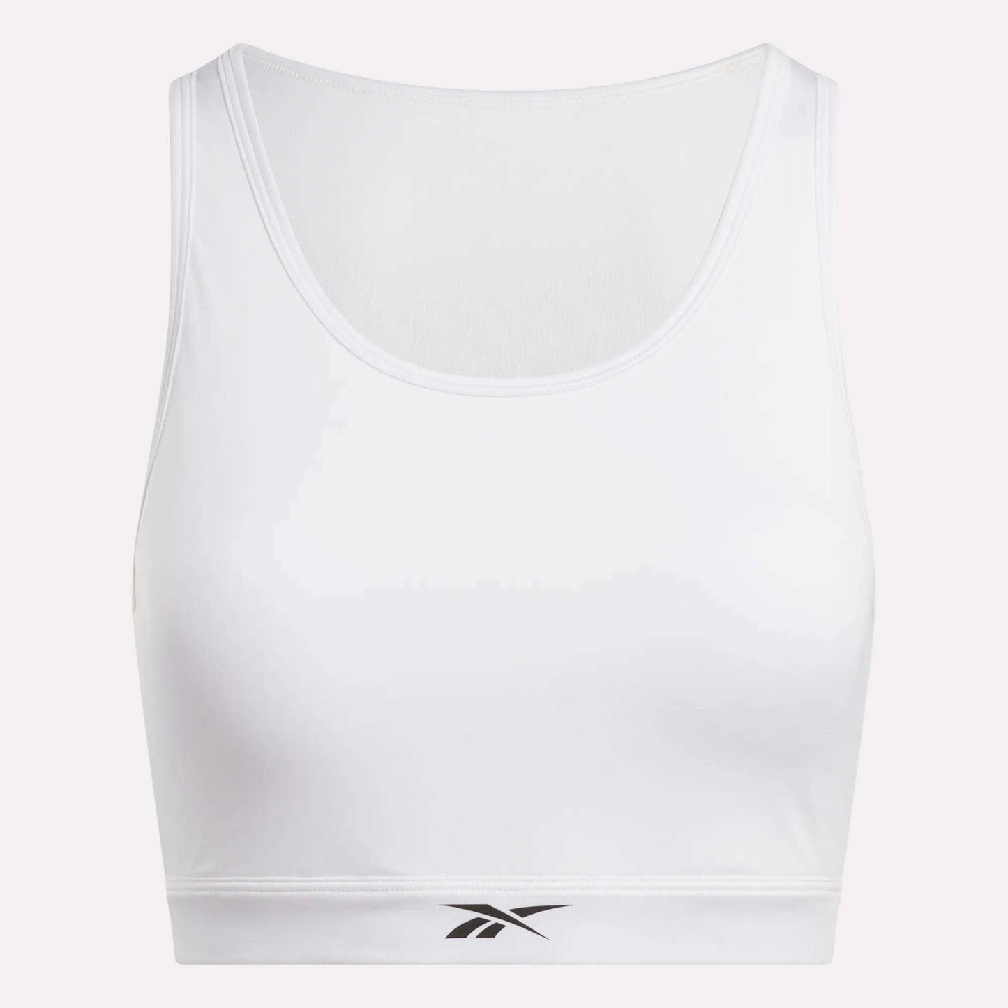 The Reebok Women's Core High-Impact Bra features a scoop neckline, fitted sweat-wicking design, and a small black logo on the front band to keep you comfortable and supported during intense workouts.