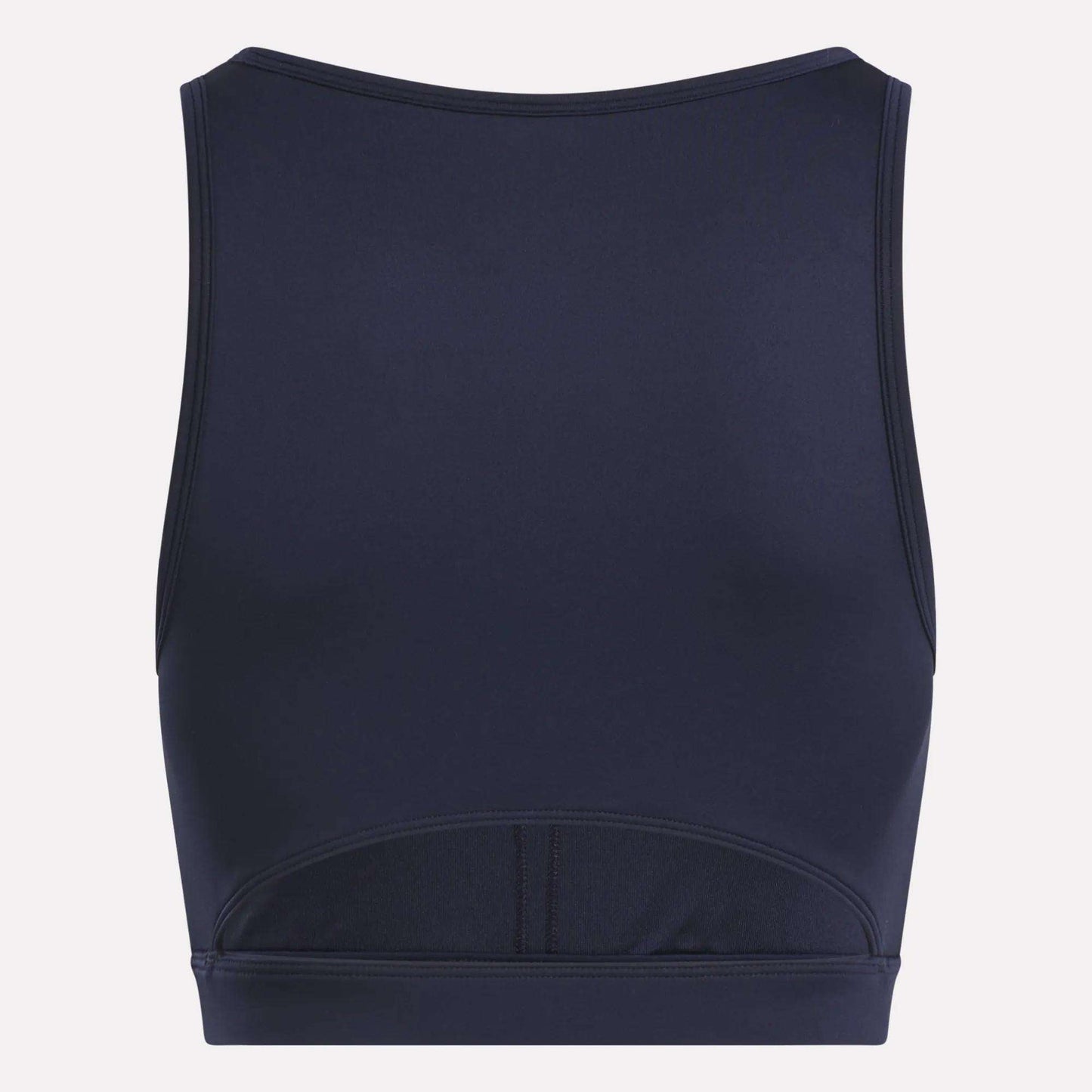 The Reebok Women's Core High-Impact Bra is shown from the back in navy blue, featuring a high neckline, sleeveless design, sweat-wicking fitted fabric, and subtle seam details—ideal for high-impact workouts.