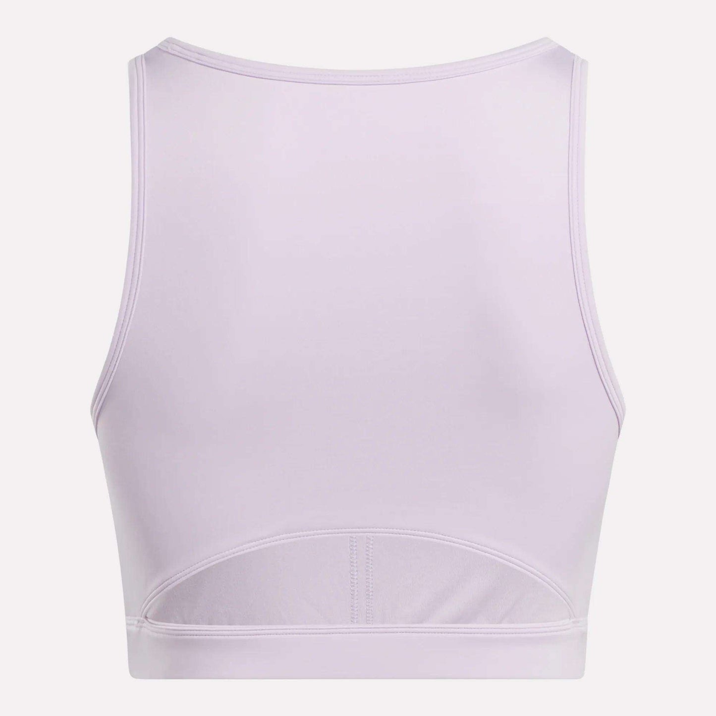 Back view of the Reebok Women's Core High-Impact Bra in light lavender, featuring a racerback and subtle lower-back seams. Smooth, stretchy, sweat-wicking fabric makes it perfect for intense training sessions.