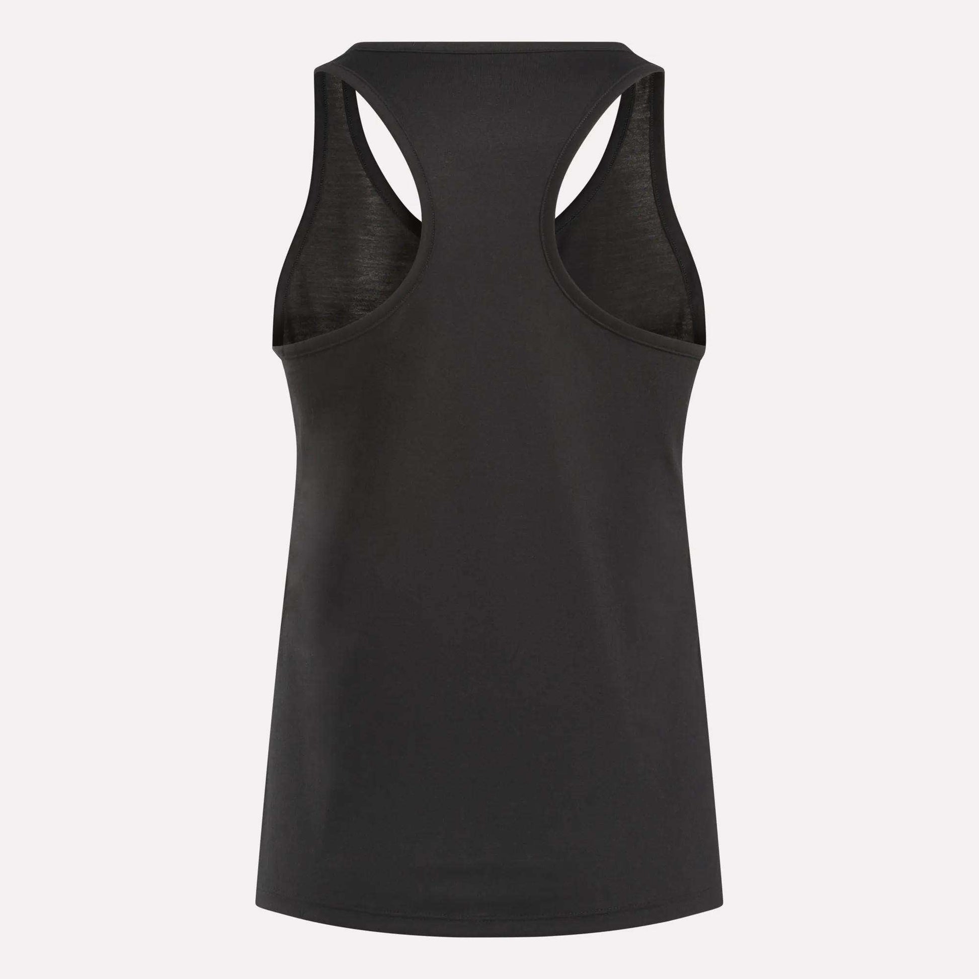 The Reebok Women's Core Tank Top is shown from the back against a plain white background. This slim, sleeveless tank features wide armholes, sweat-wicking fabric, and a relaxed fit.