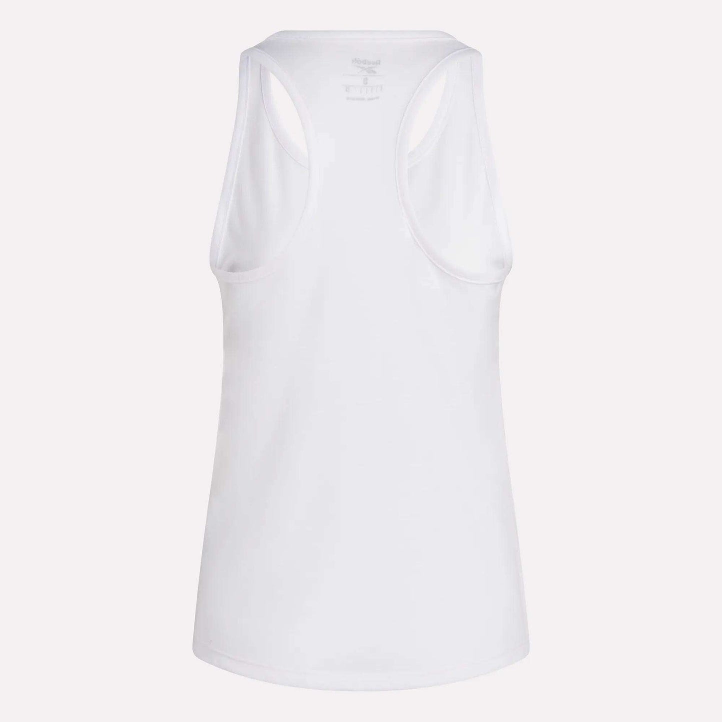 The Reebok Women's Core Tank Top, made with sweat-wicking fabric, is shown from the back against a light background. This workout top features a high neckline and wide armholes for added comfort.
