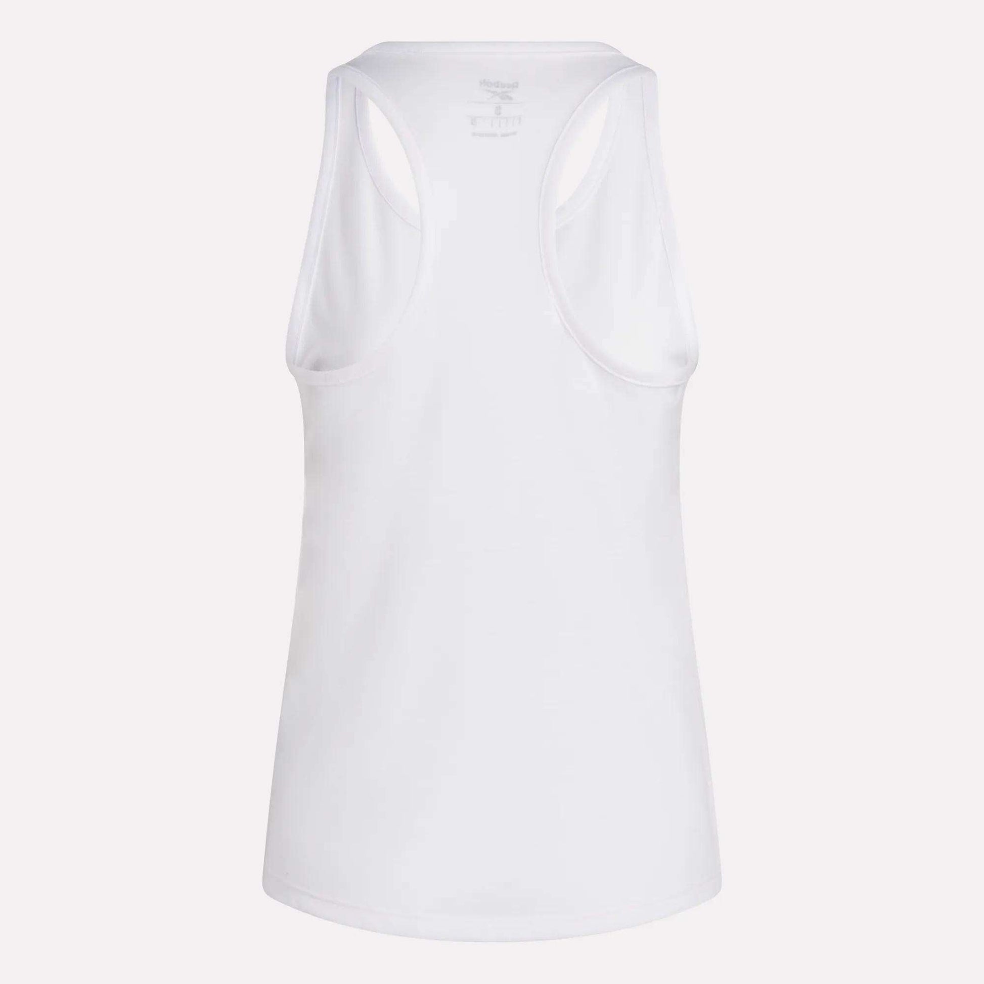 The Reebok Women's Core Tank Top, made with sweat-wicking fabric, is shown from the back against a light background. This workout top features a high neckline and wide armholes for added comfort.