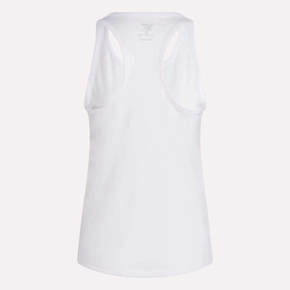 The Reebok Women's Core Tank Top, made with sweat-wicking fabric, is shown from the back against a light background. This workout top features a high neckline and wide armholes for added comfort.