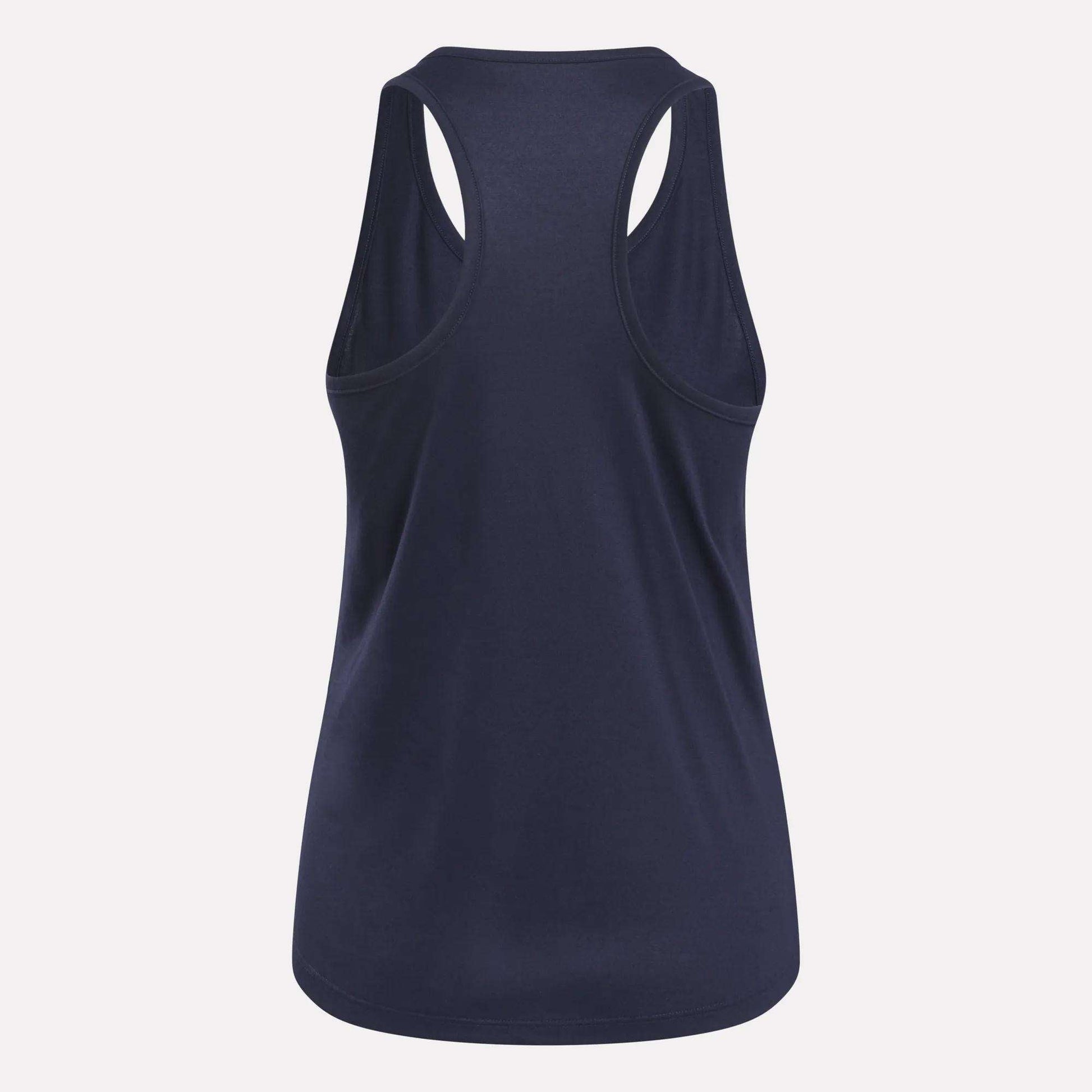 The Women's Core Tank Top by Reebok in navy blue is shown from the back. It has a slim fit, sleeveless design, and features soft, sweat-wicking fabric against a plain light gray background.