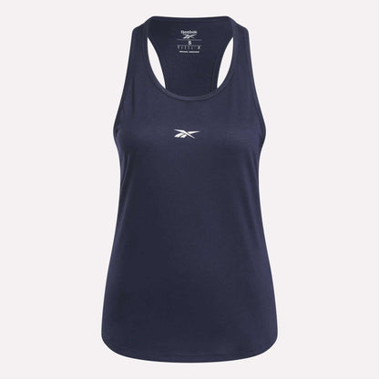 The Women's Core Tank Top by Reebok is shown in navy blue with a slim fit, sweat-wicking fabric, and a white Reebok logo centered on the chest against a light background.