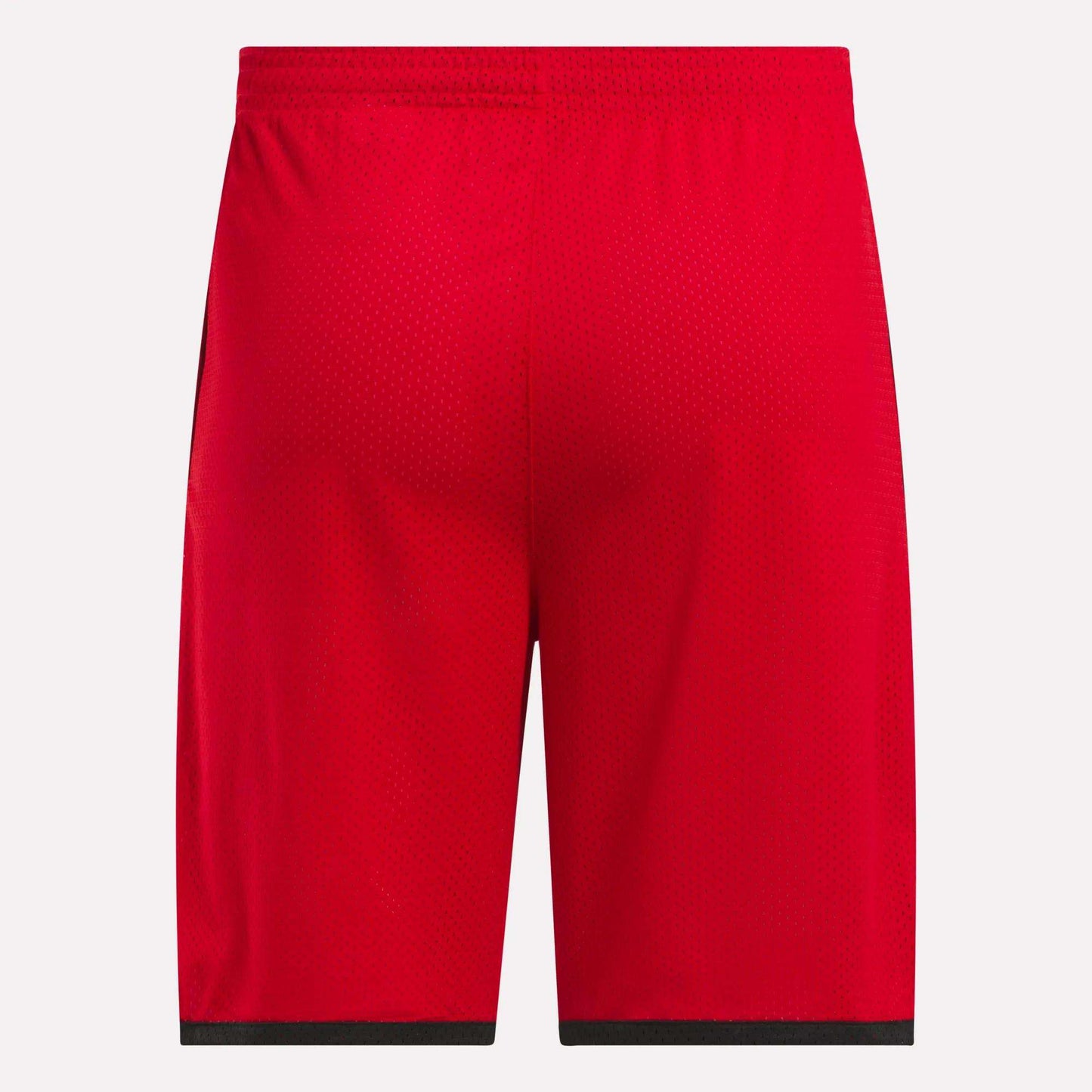 Back view of Reebok Men's Basketball Mesh Shorts in bright red, featuring an elastic waistband, black hem trim, and RBK-DRY technology for breathable comfort, shown against a white background.