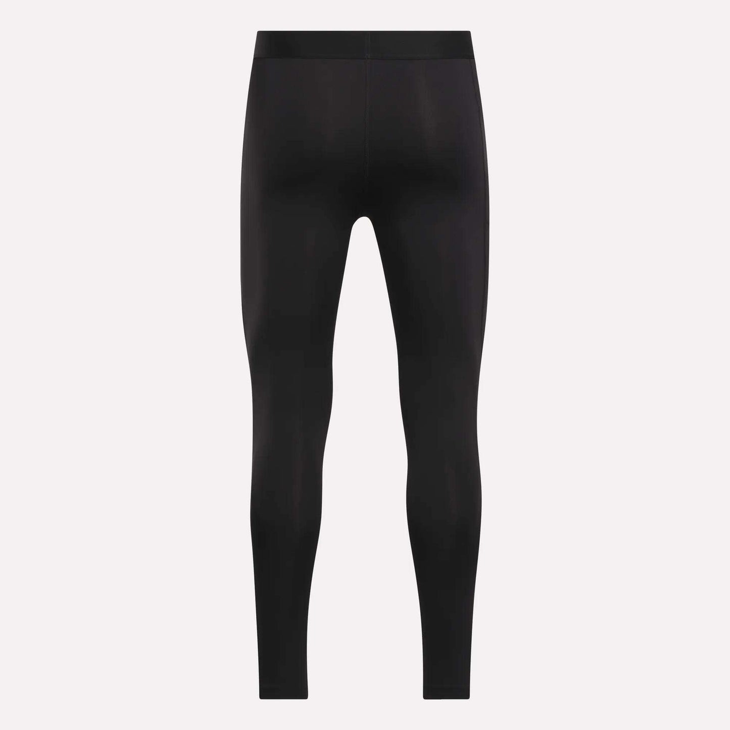 The Reebok Men's Core Training Tights are black, full-length, and fitted, shown front-facing on a plain white background with no visible logos or designs. These sweat-wicking leggings are ideal for intense workouts.