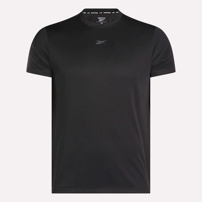 The Men's ID Train Short Sleeve Tech Tee by Reebok is a plain black tech tee with RBK-DRY fabric and a small front center chest logo, shown against a white background.