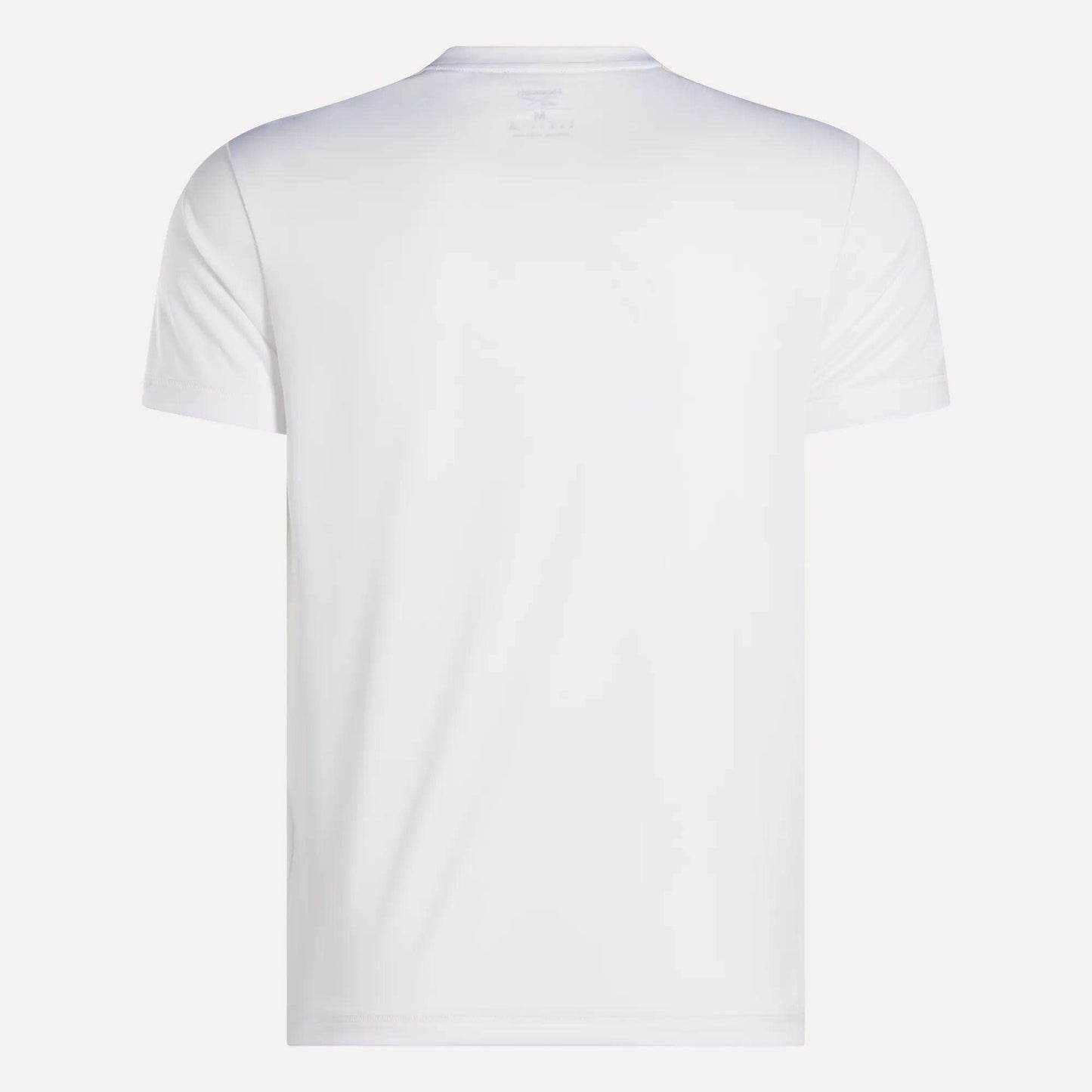 The Reebok Men's ID Train Short Sleeve Tech Tee is shown from the back against a light background; this classic white crew neck features sweat-wicking fabric with no visible designs or logos.