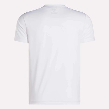 The Reebok Men's ID Train Short Sleeve Tech Tee is shown from the back against a light background; this classic white crew neck features sweat-wicking fabric with no visible designs or logos.
