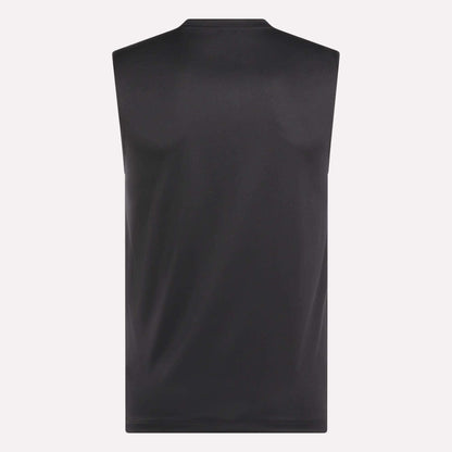 The Reebok Men's Train Sleeveless Tech Tee is shown from the back in black against a plain light background, made of lightweight polyester for breathability and comfort.