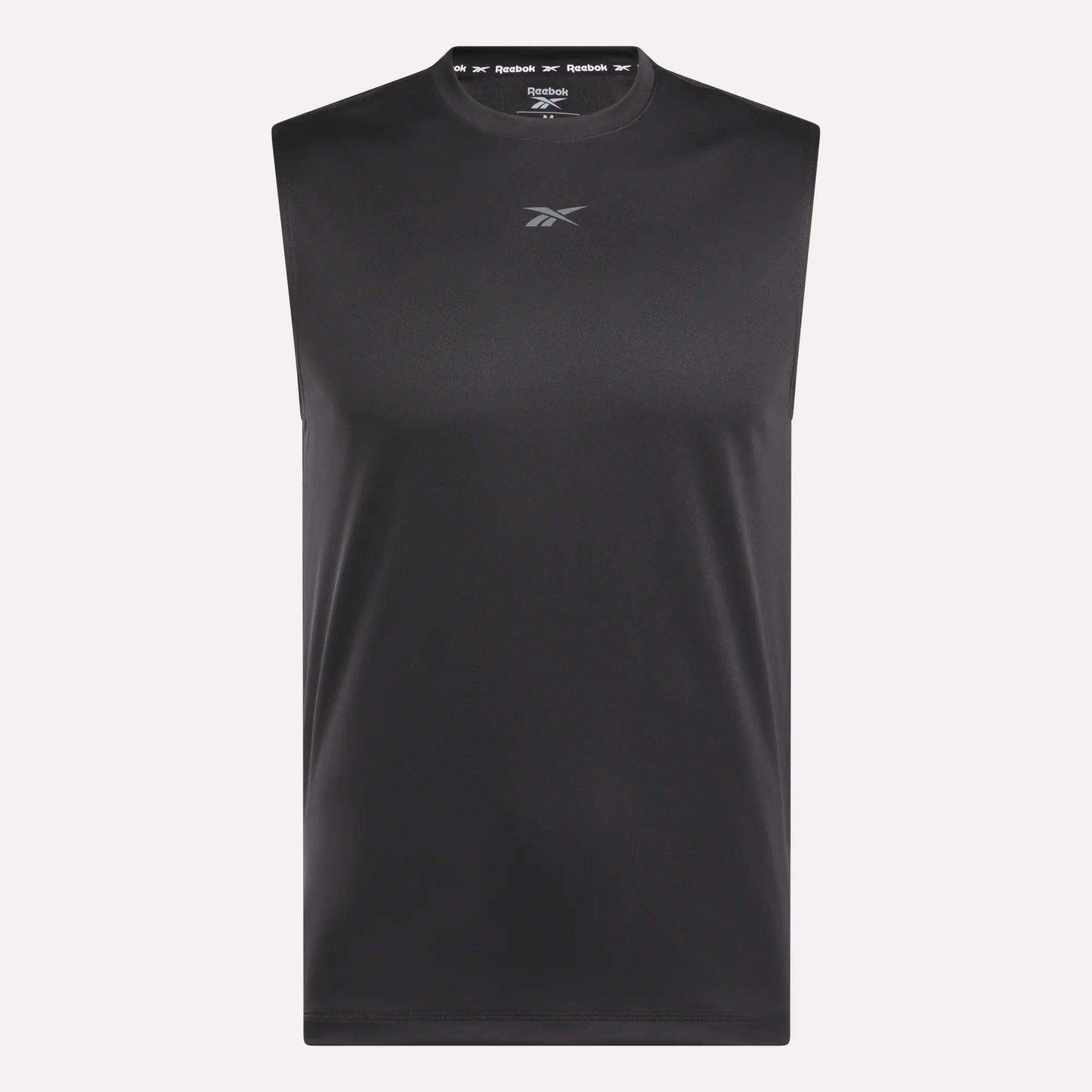 The Reebok Men's Train Sleeveless Tech Tee is a black, lightweight polyester gym shirt with a small chest logo, shown against a plain light background.