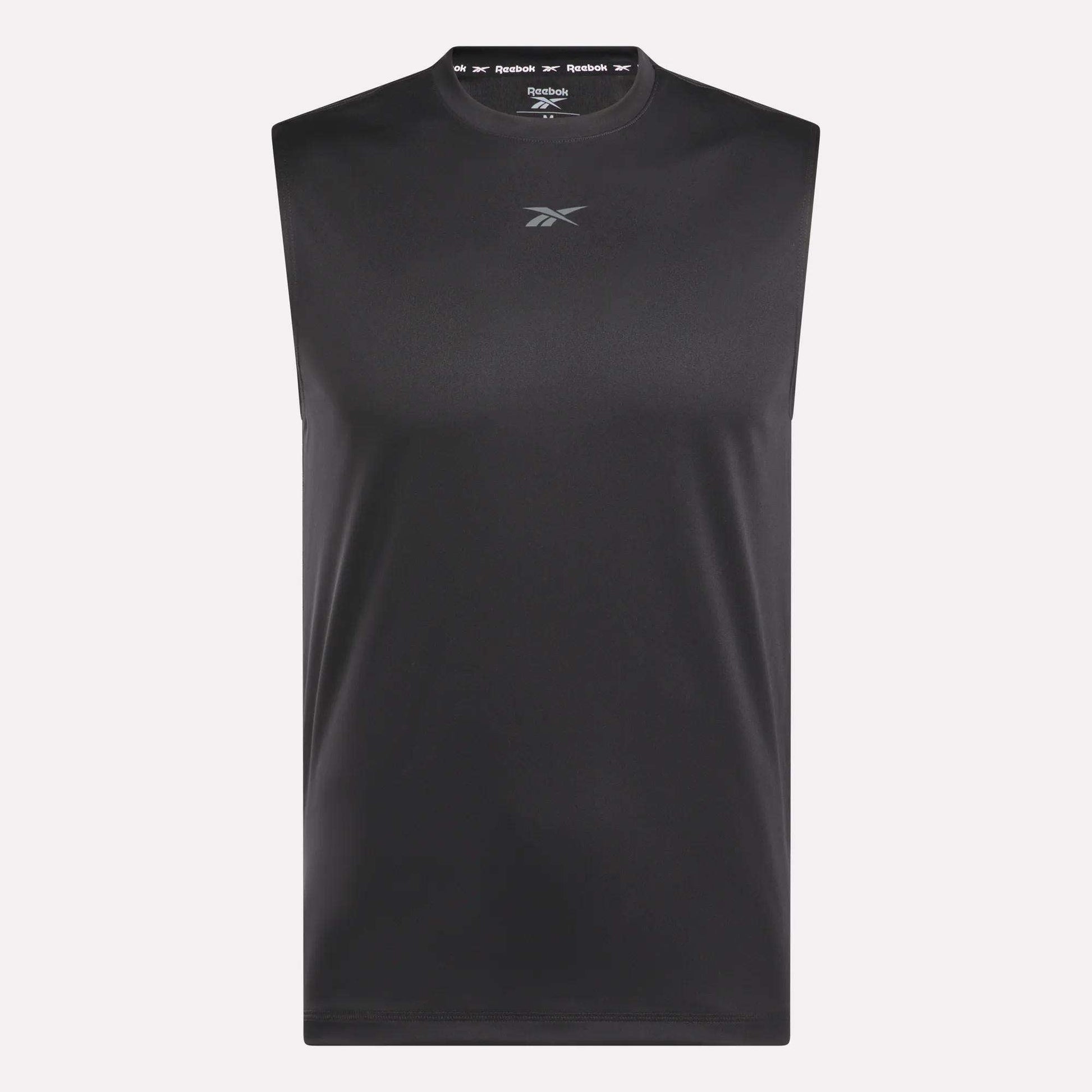 The Reebok Men's Train Sleeveless Tech Tee is a black, lightweight polyester gym shirt with a small chest logo, shown against a plain light background.