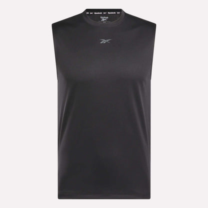 The Reebok Men's Train Sleeveless Tech Tee is a black, lightweight polyester gym shirt with a small chest logo, shown against a plain light background.