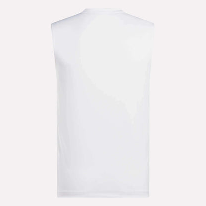 Back view of the Reebok Men's Sleeveless Tech Training T-Shirt in plain white, displayed against a light background. This workout shirt features a smooth, simple design with no logos or patterns.