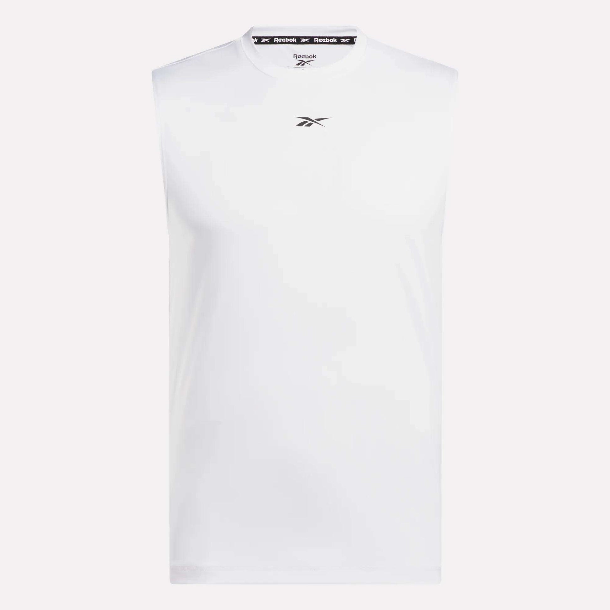 The Men's Sleeveless Tech Training T-Shirt by Reebok is a plain white, lightweight polyester jersey top with a small black Reebok logo on the chest and branded trim inside the collar.