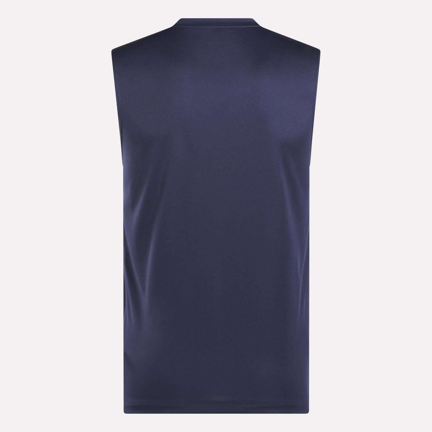 The Reebok Men's Train Sleeveless Tech Tee is shown from the back in navy blue against a plain light background. This lightweight gym shirt features a smooth, simple design with no visible logos or patterns.