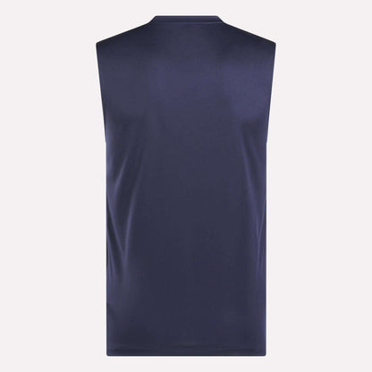 The Reebok Men's Train Sleeveless Tech Tee is shown from the back in navy blue against a plain light background. This lightweight gym shirt features a smooth, simple design with no visible logos or patterns.