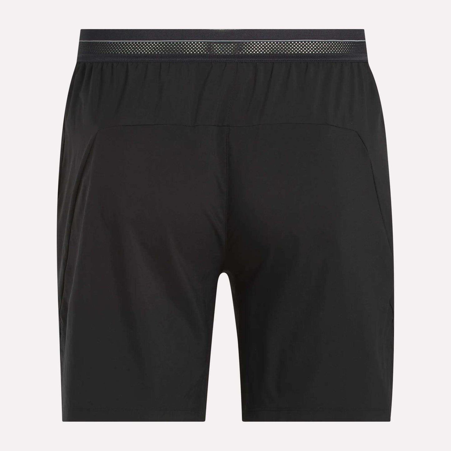 Reebok Men's Athlete Speed Shorts shown from the back, feature a simple, modern design with an elastic waistband and lightweight RBK-DRY fabric. The shorts have a subtle, shiny waistband pattern and no visible logos or embellishments.