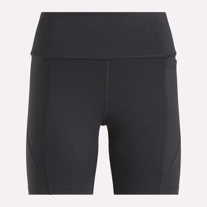 Reebok Women's Lux High-Rise Bike Shorts, black with visible stitching and RBK-DRY tech, designed for performance, shown on a plain light background.