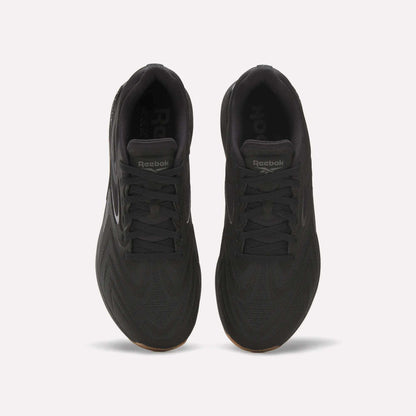 Top view of Reebok Nano X5 Edge Training Shoes in black, featuring Flexweave uppers, laces, a tongue with Reebok branding, and a textured pattern designed for superior support and performance.