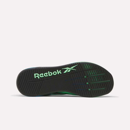 The image shows the black rubber sole of the Reebok Nano X5 Edge Training Shoes, displaying green Reebok branding, textured tread patterns, Flexweave material, and green accents.