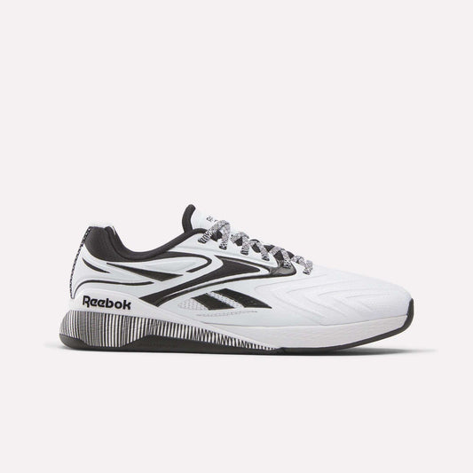 The Reebok Nano X5 Edge Training Shoes feature a white and black design with a black sole, black and gray laces, and Reebok logos on the side and heel. Engineered for peak performance, they're displayed on a plain white background.