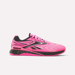 The Reebok Women's Nano X5 Edge Training Shoes feature a bright pink design with black and white accents, speckled midsole, lace-up closure, and Reebok logos—ideal for your next HIIT class.